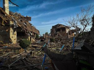 A house destroyed by a Russian missile attack overnight in Kyiv