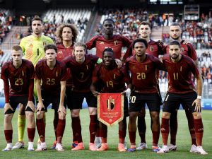 Belgium's team players pose for photographs ahead of the International friendly football match between Belgium and Montenegro at the Baudoin King Stadium in Brussels on June 5, 2024. (Photo by Kenzo TRIBOUILLARD / AFP)