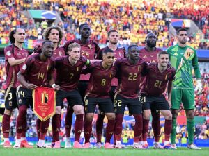 Belgium's players pose for the team photo prior to prior to the UEFA Euro 2024 Group E football match between Belgium and Romania at the Cologne Stadium in Cologne on June 22, 2024. (Photo by Kirill KUDRYAVTSEV / AFP)