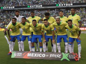 Players of Brazil pose for picture during an international friendly match against Mexico at Kyle Field on June 8, 2024 in College Station, Texas. Omar Vega/Getty Images/AFP (Photo by Omar Vega / GETTY IMAGES NORTH AMERICA / Getty Images via AFP)