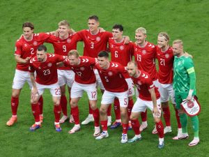 Denmark's players pose for the team photo during the UEFA Euro 2024 Group C football match between Denmark and England at the Frankfurt Arena in Frankfurt am Main on June 20, 2024. (Photo by Daniel ROLAND / AFP)
