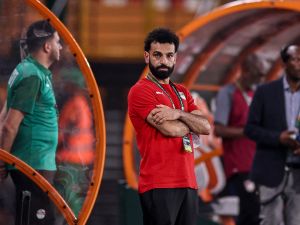 Egypt's forward #10 Mohamed Salah looks on ahead of the Africa Cup of Nations (CAN) 2024 group B football match between Cape Verde and Egypt at the Felix Houphouet-Boigny Stadium in Abidjan on January 22, 2024. (Photo by FRANCK FIFE / AFP)