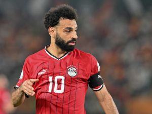 Egypt's forward #10 Mohamed Salah reacts during the Africa Cup of Nations (CAN) 2024 group B football match between Egypt and Ghana at the Felix Houphouet-Boigny Stadium in Abidjan on January 18, 2024. (Photo by Issouf SANOGO / AFP)