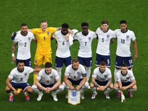 England's players pose for the team photo during the UEFA Euro 2024 Group C football match between Denmark and England at the Frankfurt Arena in Frankfurt am Main on June 20, 2024. (Photo by Daniel ROLAND / AFP)