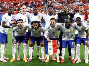 France's players pose prior to the UEFA Euro 2024 Group D football match between the Netherlands and France at the Leipzig Stadium in Leipzig on June 21, 2024. (Photo by FRANCK FIFE / AFP)