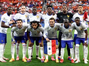 France's players pose prior to the UEFA Euro 2024 Group D football match between the Netherlands and France at the Leipzig Stadium in Leipzig on June 21, 2024. (Photo by FRANCK FIFE / AFP)
