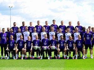 Germany's players pose for a group photo before a training session in Herzogenaurach, Bavaria, on June 13, 2024, on the eve of their UEFA Euro 2024 football match against Scotland. (Photo by Tobias SCHWARZ / AFP)