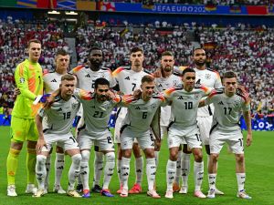 Germany players pose for the team photo prior to the UEFA Euro 2024 Group A football match between Switzerland and Germany at the Frankfurt Arena in Frankfurt am Main on June 23, 2024. (Photo by Tobias SCHWARZ / AFP)