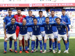 Italy players pose before the international friendly football match between Italy and Ecuador at Red Bull Arena in Harrison, New Jersey, on March 24, 2024. (Photo by Charly TRIBALLEAU / AFP)