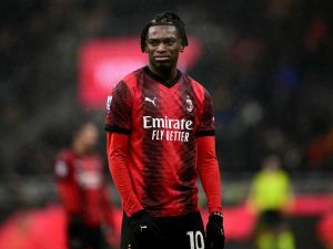 AC Milan's Portuguese forward #10 Rafael Leao reacts during the Italian Serie A football match between AC Milan and Inter Milan at the San Siro Stadium in Milan on April 22, 2024. (Photo by Marco BERTORELLO / AFP)