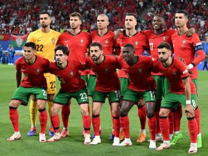 Portugal's players pose for a team photograph ahead of the UEFA Euro 2024 Group F football match between Portugal and the Czech Republic at the Leipzig Stadium in Leipzig, Eastern Germany on June 18, 2024. (Photo by PATRICIA DE MELO MOREIRA / AFP)
