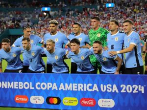 Uruguay's players pose for pictures ahead of the Conmebol 2024 Copa America tournament group C football match between Uruguay and Panama at Hard Rock Stadium in Miami, Florida on June 23, 2024. (Photo by Chris ARJOON / AFP)