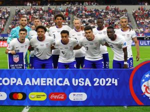 USA's players pose for pictures ahead of the Conmebol 2024 Copa America tournament group C football match between the USA and Bolivia at AT&T Stadium in Arlington, Texas on June 23, 2024. (Photo by Aric Becker / AFP)