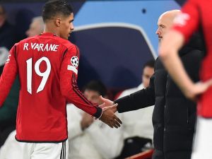 Manchester United's French defender #19 Raphael Varane leaves the pitch as he is substituted during the UEFA Champions League group A football match between Manchester United and FC Bayern Munich at Old Trafford stadium in Manchester, north west England, on December 12, 2023. (Photo by PETER POWELL / AFP)