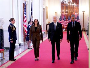 US Vice President Kamala Harris, US President Joe Biden, and former President Barack Obama arrive to deliver remarks on the Affordable Care Act and Medicaid in the East Room of the White House in Washington, DC, on April 5, 2022. (Photo by MANDEL NGAN / AFP) Harris, Biden and Obama