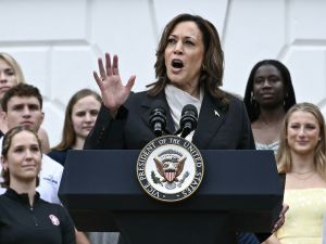 US Vice President Kamala Harris speaks during an event honoring National Collegiate Athletic Association (NCAA) championship teams from the 2023-2024 season, on the South Lawn of the White House in Washington, DC on July 22, 2024. (Photo by Brendan SMIALOWSKI / AFP) Kamala Harris