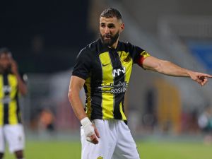 Ittihad's French forward #09 Karim Benzema reacts during the Saudi Pro League football match between Al-Ittihad and Al-Riyadh at the Prince Faisal Bin Fahd stadium in Riyadh on August 24, 2023. (Photo by Fayez NURELDINE / AFP)