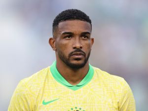 Gleison Bremer Nascimento #25 of Brazil stands for his national anthem before to the international friendly match between Mexico and Brazil at Kyle Field on June 8, 2024 in College Station, Texas. Omar Vega/Getty Images/AFP (Photo by Omar Vega / GETTY IMAGES NORTH AMERICA / Getty Images via AFP)