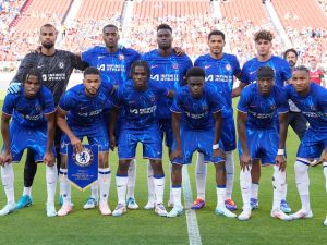 The Chelsea FC starting lineup poses for this photo prior to the start of a preseason friendly against Wrexham AFC at Levi's Stadium on July 24, 2024 in Santa Clara, California. Thearon W. Henderson/Getty Images/AFP (Photo by Thearon W. Henderson / GETTY IMAGES NORTH AMERICA / Getty Images via AFP)