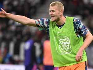 Netherlands' defender #03 Matthijs De Ligt reacts during the warm up prior to the friendly football match between Germany and Netherlands in Frankfurt, western Germany, on March 26, 2024. (Photo by Kirill KUDRYAVTSEV / AFP)