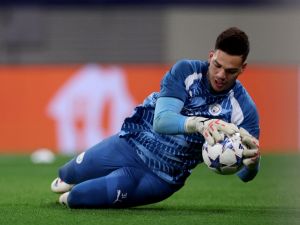 Manchester City's Brazilian goalkeeper #31 Ederson warms up prior to the UEFA Champions League Group G football match between RB Leipzig and Manchester City in Leipzig, eastern Germany on October 4, 2023. (Photo by Ronny HARTMANN / AFP)