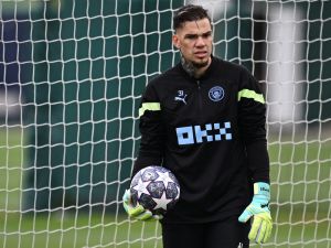 Manchester City's Brazilian goalkeeper Ederson reacts as he takes part in a team training session at Manchester City training ground in Manchester, north-west England on June 6, 2023, ahead of their UEFA Champions League final football match against Inter Milan. (Photo by Paul ELLIS / AFP)