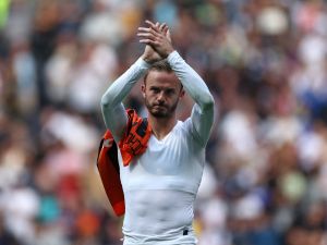 Tottenham Hotspur's English midfielder James Maddison applauds fans on the pitch after the pre-season friendly football match between Tottenham Hotspur and Shakhtar Donetsk at the Tottenham Hotspur Stadium, in London, on August 6, 2023. (Photo by HENRY NICHOLLS / AFP)