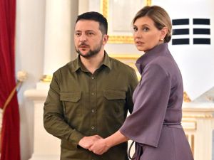 Ukrainian President Volodymyr Zelensky stand next to his wife Olena following statements with his South Korean counterpart after their talks in Kyiv on July 15, 2023. (Photo by Sergei SUPINSKY / AFP) Ukrainian President Volodymyr Zelensky, Olena wine estate