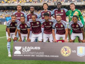 Aston Villa's players pose for a team photo before the pre-season club friendly football match between Aston Villa and Club America at Soldier Field in Chicago, Illinois, August 3, 2024. (Photo by Patrick Gorski / AFP)