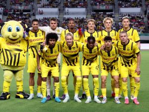 Borussia Dortmund players pose before the friendly football match between Germany's Borussia Dortmund and Japan's Cerezo Osaka at Nagai Stadium in Osaka on July 24, 2024. (Photo by PAUL MILLER / AFP)