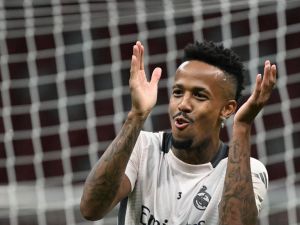 Real Madrid's Brazilian defender #03 Eder Militao reacts as he attends a training session on the eve of the UEFA Super Cup football match Real Madrid v Atalanta Bergamo in Warsaw, Poland, on August 13, 2024. The 2024 UEFA Super Cup final football match between Real Madrid and Atalanta will be held on August 14, 2024 at the National Stadium in Warsaw. (Photo by Sergei GAPON / AFP)