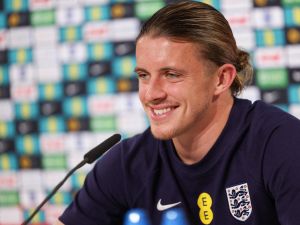 England's midfielder #16 Conor Gallagher attends a press conference of England's national football team, ahead of the UEFA Euro 2024 European football Championship, in Blankenhain, Thuringia, on June 13, 2024. (Photo by Adrian DENNIS / AFP)