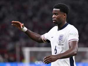 England's defender #06 Marc Guehi reacts during the UEFA Euro 2024 final football match between Spain and England at the Olympiastadion in Berlin on July 14, 2024. (Photo by Kirill KUDRYAVTSEV / AFP)