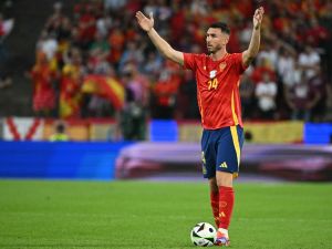 Spain's defender #14 Aymeric Laporte reacts during the UEFA Euro 2024 round of 16 football match between Spain and Georgia at the Cologne Stadium in Cologne on June 30, 2024. (Photo by JAVIER SORIANO / AFP)