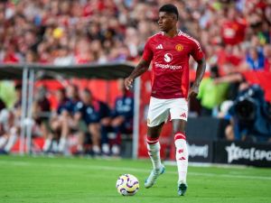 Marcus Rashford #10 of Manchester United plays against Liverpool during their pre-season friendly match at Williams-Brice Stadium on August 03, 2024 in Columbia, South Carolina. Jacob Kupferman/Getty Images/AFP (Photo by Jacob Kupferman / GETTY IMAGES NORTH AMERICA / Getty Images via AFP)