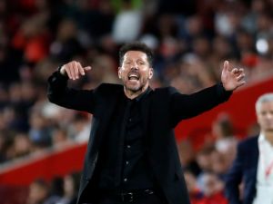 Atletico Madrid's Argentinian coach Diego Simeone reacts during the Spanish league football match between RCD Mallorca and Club Atletico de Madrid at the Mallorca Son Moix stadium in Palma de Mallorca on May 4, 2024. (Photo by JAIME REINA / AFP)