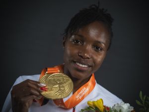 Women's 3000m steeplechase gold medallist Bahrain's Winfred Mutile Yavi poses for portraits during a studio photo session on the sidelines of the World Athletics Championships in Budapest on August 27, 2023. (Photo by ANDREJ ISAKOVIC / AFP)