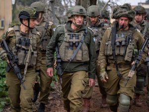 This handout picture released by the Israeli army on February 1, 2024, shows Israeli army's Chief of the General Staff Herzi Halevi (C) walking among army officers during a situational assessment on the Lebanese border area, amid ongoing cross-border tensions as fighting continues between Israel and the Palestinian Hamas group in Gaza. (Photo by Israeli Army / AFP) border movements