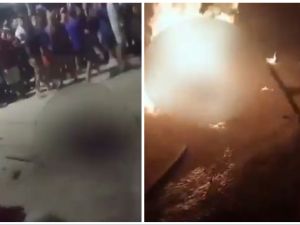 An alleged suspected rapist in Brazil being burnt alive. (X/) suspected rapist
