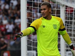 West Ham United's French goalkeeper Alphonse Areola reacts during the pre-season friendly football match between Rennes and West Ham United FC at the Roazhon Park stadium in Rennes, western France, on July 29, 2023. (Photo by Fred TANNEAU / AFP)