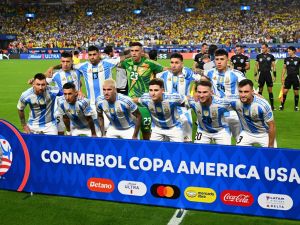 Argentina's players pose for pictures ahead the Conmebol 2024 Copa America tournament final football match between Argentina and Colombia at the Hard Rock Stadium, in Miami, Florida on July 14, 2024. (Photo by Chandan Khanna / AFP)