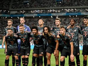 Players from Bayern Munich pose for a team photo before a friendly football match between Tottenham Hotspur and Bayern Munich at the Seoul World Cup Stadium in Seoul on August 3, 2024. (Photo by Anthony WALLACE / AFP)