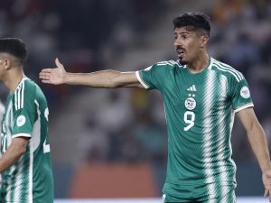 Algeria's forward #9 Baghdad Bounedjah gestures during the Africa Cup of Nations (CAN) 2024 group D football match between Mauritania and Algeria at Stade de la Paix in Bouake on January 23, 2024. (Photo by KENZO TRIBOUILLARD / AFP)