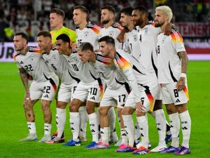 Players of the German team pose for a team photo prior to the League A Group A3 football match of the UEFA Nations League between Germany and Hungary in Duesseldorf, western Germany, on September 7, 2024. (Photo by John MACDOUGALL / AFP)