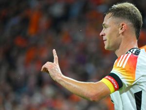 Germany's midfielder #6 Joshua Kimmich reacts during the UEFA Nations League football match between Netherlands and Germany at the Johan Cruyff Arena in Amsterdam, on September 10, 2024. (Photo by NICOLAS TUCAT / AFP)