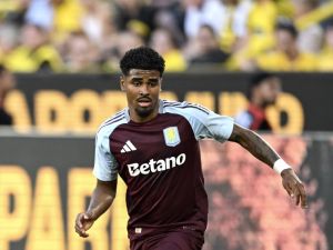Aston Villa's Dutch defender #04 Ian Maatsen vies for the ball during the pre-season friendly club football match between Germany's BVB Borussia Dortmund and England's Aston Villa FC in Dortmund, western Germany on August 10, 2024. (Photo by Ina FASSBENDER / AFP)
