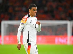Germany's midfielder #10 Jamal Musiala looks on during the UEFA Nations League football match between Netherlands and Germany at the Johan Cruyff Arena in Amsterdam, on September 10, 2024. (Photo by NICOLAS TUCAT / AFP)