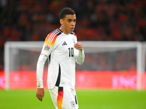 Germany's midfielder #10 Jamal Musiala looks on during the UEFA Nations League football match between Netherlands and Germany at the Johan Cruyff Arena in Amsterdam, on September 10, 2024. (Photo by NICOLAS TUCAT / AFP)