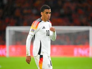Germany's midfielder #10 Jamal Musiala looks on during the UEFA Nations League football match between Netherlands and Germany at the Johan Cruyff Arena in Amsterdam, on September 10, 2024. (Photo by NICOLAS TUCAT / AFP)