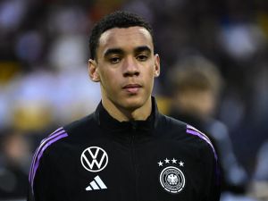 Germany's midfielder #10 Jamal Musiala is pictured prior the friendly football match Germany v Ukraine, in Nuremberg, eastern Germany, on June 3, 2024. (Photo by Tobias SCHWARZ / AFP)